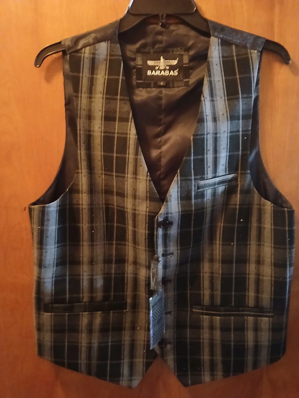 Barabas Men’s NWT Black & Gray Plaid Vest Size S Subtle Rhinestone Detailing